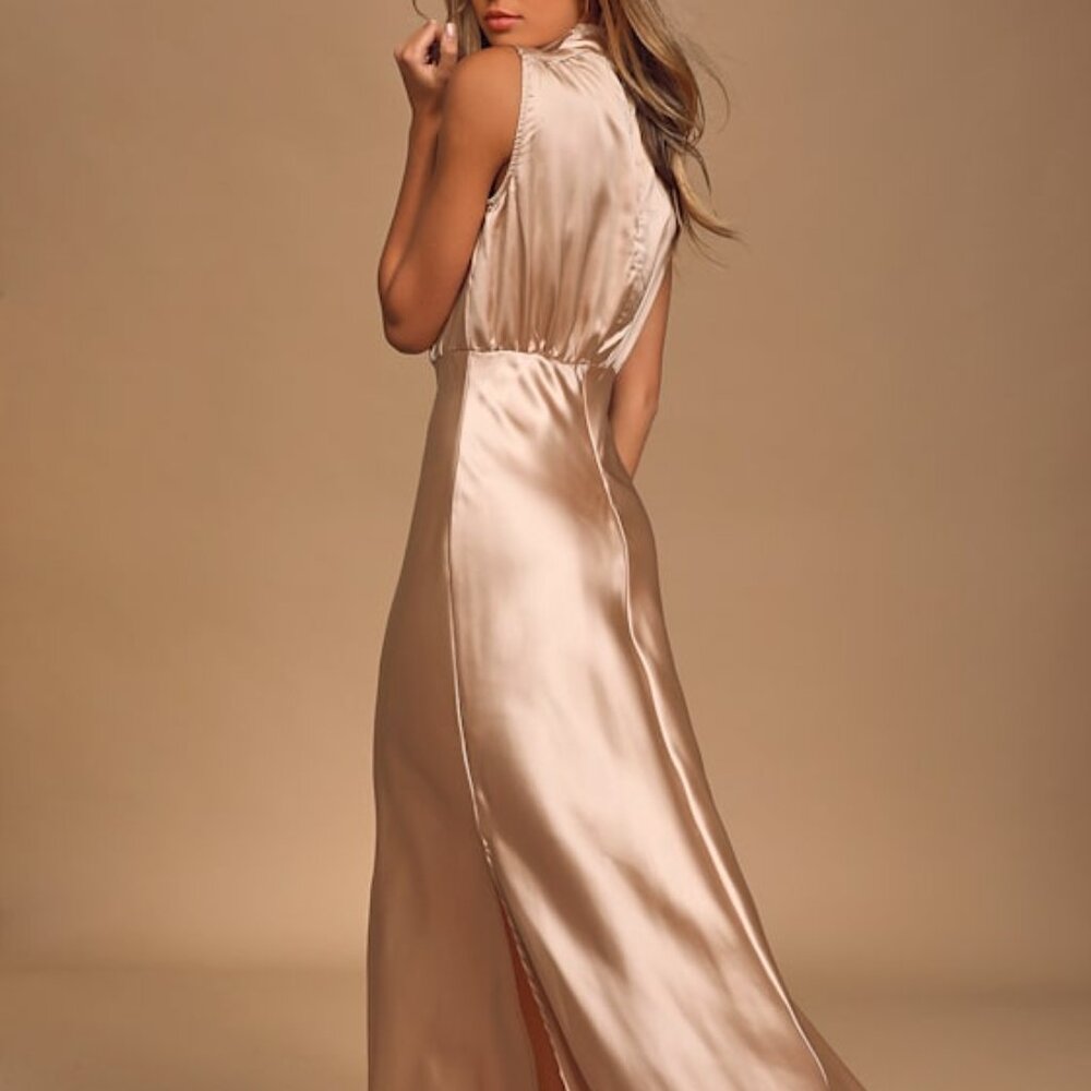 Lulus Classic Elegance Champagne Satin Sleeveless Mock Neck Maxi Dress Pink